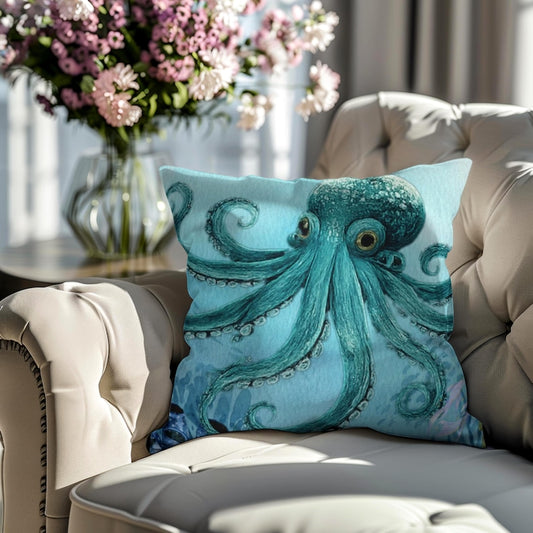 Octopus Pillow Cover, Square Ocean Print, Coastal Nautical Decor, Sea Life Throw Pillow Cover, Beach House decor