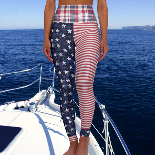 High Waisted Patriotic Leggings, Coastal Lake Day Activewear, USA Flag Summer Leggings, Fourth of July Outfit, America 250th Birthday