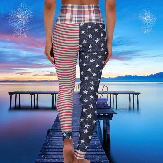 High Waisted Patriotic Leggings, Coastal Lake Day Activewear, USA Flag Summer Leggings, Fourth of July Outfit, America 250th Birthday
