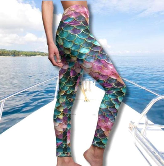 Hidden Mermaid Leggings Ocean Scale Print Mid Rise Mermaid Activewear Coastal Beach Womens Gift, Mermaid Girl, Beach lover