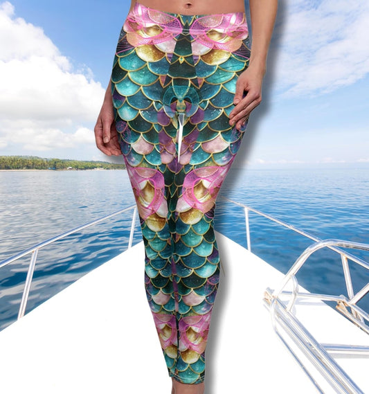 Hidden Mermaid Leggings Ocean Scale Print Mid Rise Mermaid Activewear Coastal Beach Womens Gift, Mermaid Girl, Beach lover
