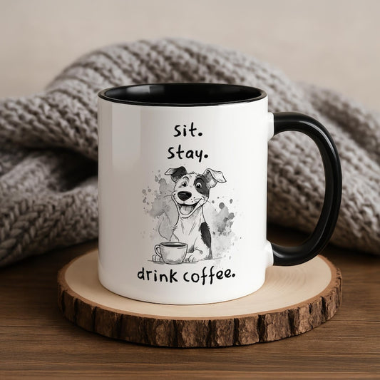 Sit Stay Drink Funny Dog Coffee Mug, Funny, Humor, Cartoon, Gift for Him or Her, Present, Birthday, Holiday
