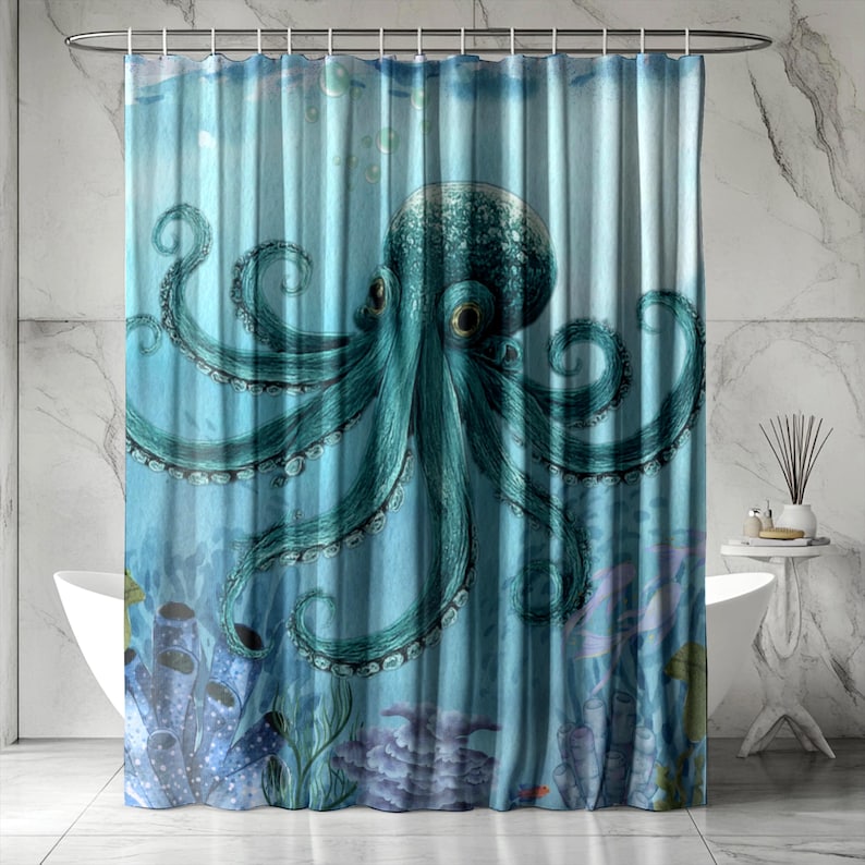 Octopus Pillow Cover, Square Ocean Print, Coastal Nautical Decor, Sea Life Throw Pillow Cover, Beach House decor