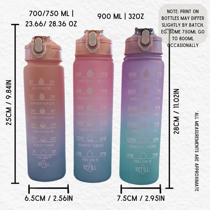 Personalised Motivational Water Bottle with Pop Up Straw and Time Markings, Leak Proof, BPA free