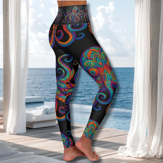 High Waisted Octopus Leggings, Colorful Ocean Art Yoga Pants, Coastal Statement Leggings, Squid Tentacle Activewear