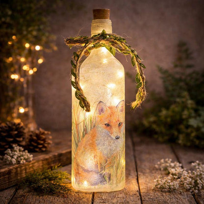 Fox Bottle Lamp | Woodland LED Bottle Light | Wildlife Home Decor | Decoupage Rustic Gift