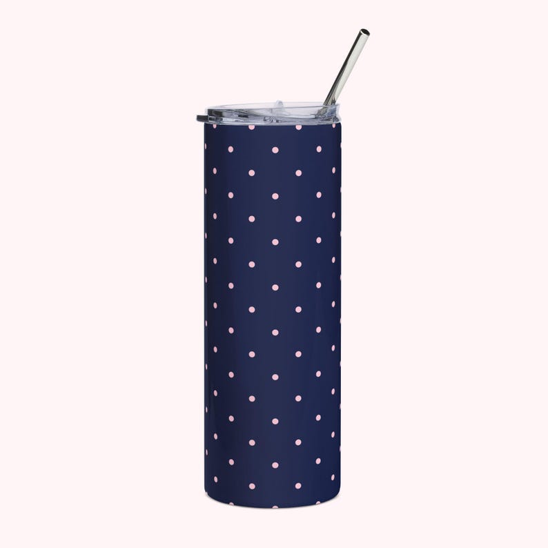 Insulated Polka Dot Water Bottle 20oz Stainless Steel Travel Tumbler with Reusable Metal Straw