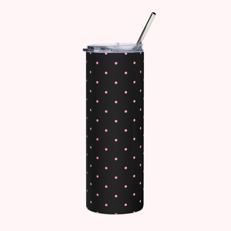 Insulated Polka Dot Water Bottle 20oz Stainless Steel Travel Tumbler with Reusable Metal Straw