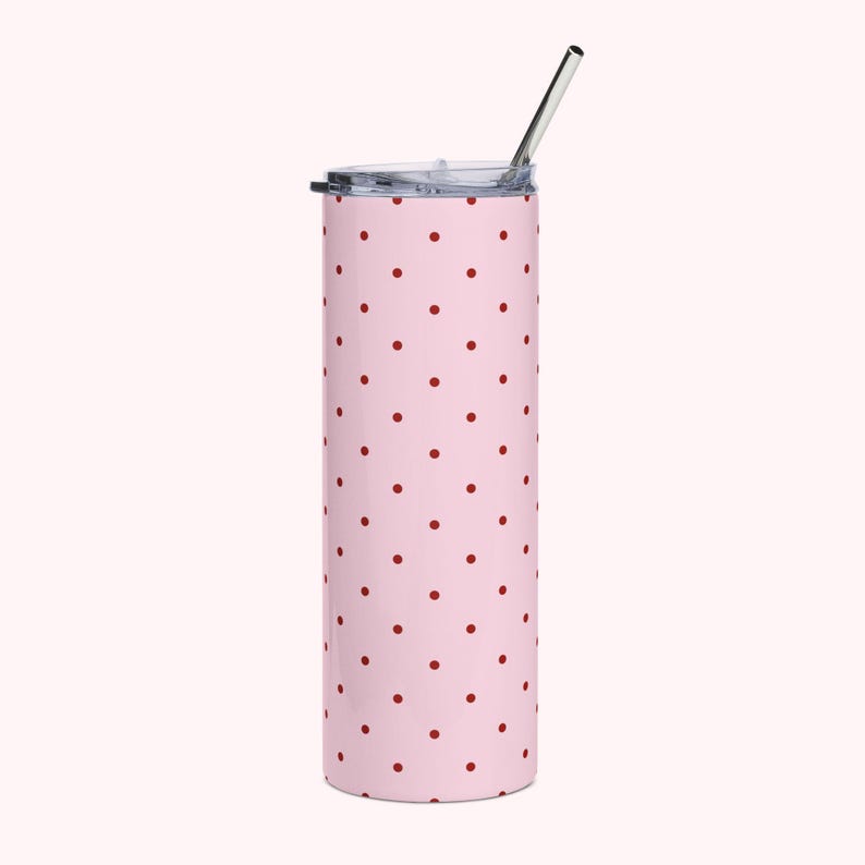 Insulated Polka Dot Water Bottle 20oz Stainless Steel Travel Tumbler with Reusable Metal Straw