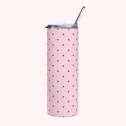 Insulated Polka Dot Water Bottle 20oz Stainless Steel Travel Tumbler with Reusable Metal Straw