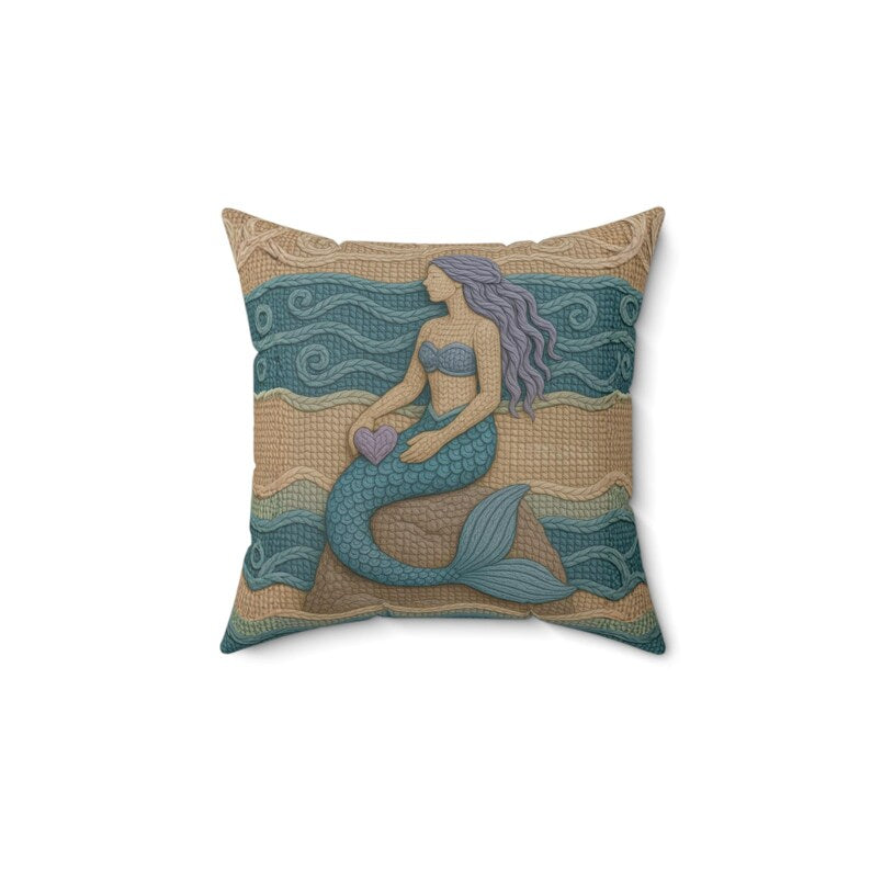 Mermaid Throw Pillow Coastal Boho Decor, Macrame Style Inspired Ocean Cushion, Neutral Beach House Accent