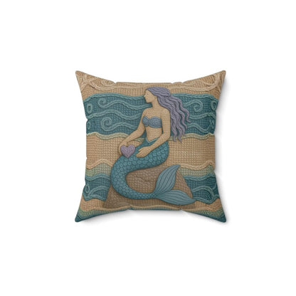 Mermaid Throw Pillow Coastal Boho Decor, Macrame Style Inspired Ocean Cushion, Neutral Beach House Accent