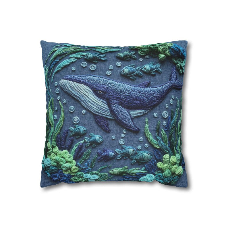Whale Pillow Cover, Square Ocean Print, Coastal Home Decor, Nautical Sea Life Cushion, Beach house