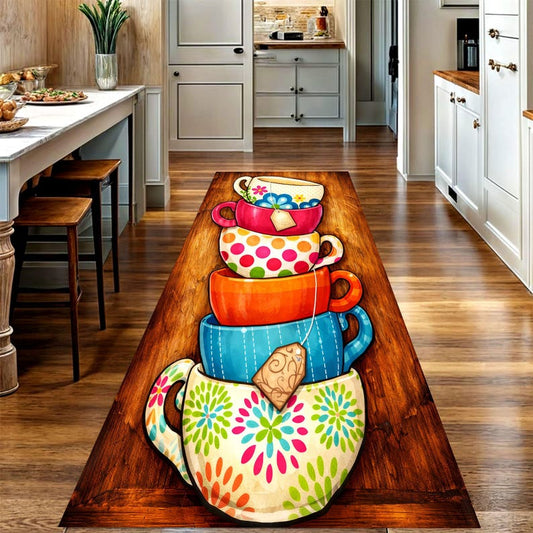 Stacked Teacups Kitchen Runner Rug: Colorful Tea Mug Artwork Carpet, Non-Slip Machine-Washable