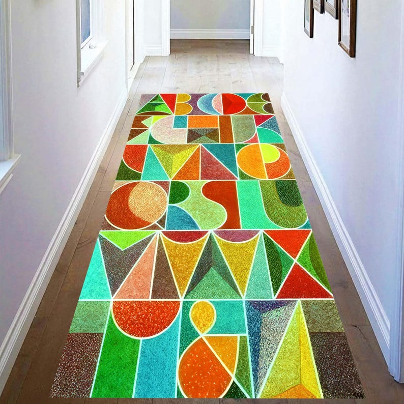Alphabet Runner Rug: Colorful Geometric Letter Hallway Carpet, Non-Slip Machine-Washable