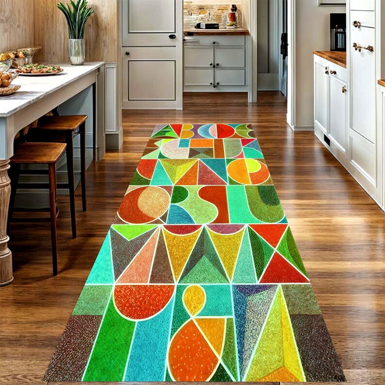 Alphabet Runner Rug: Colorful Geometric Letter Hallway Carpet, Non-Slip Machine-Washable