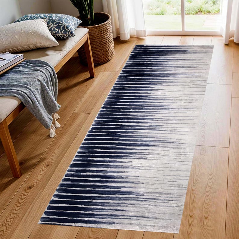 Navy Ombre Printed Runner Rug: Modern Striped Carpet, Non-Slip Machine-Washable