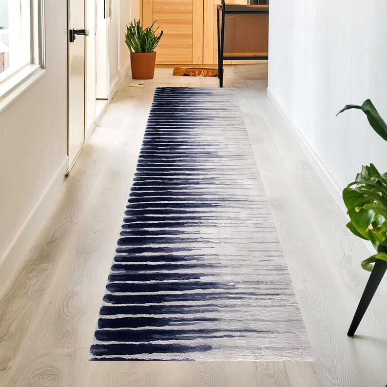 Navy Ombre Printed Runner Rug: Modern Striped Carpet, Non-Slip Machine-Washable
