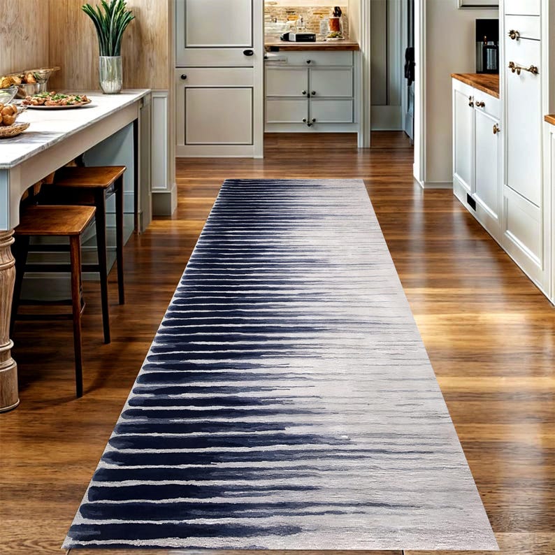 Navy Ombre Printed Runner Rug: Modern Striped Carpet, Non-Slip Machine-Washable