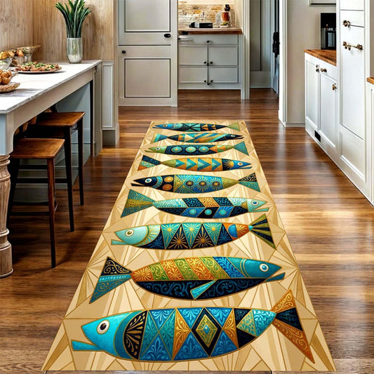 Coastal Fish Mosaic Runner Rug: Nautical Boho Carpet, Non-Slip Machine-Washable