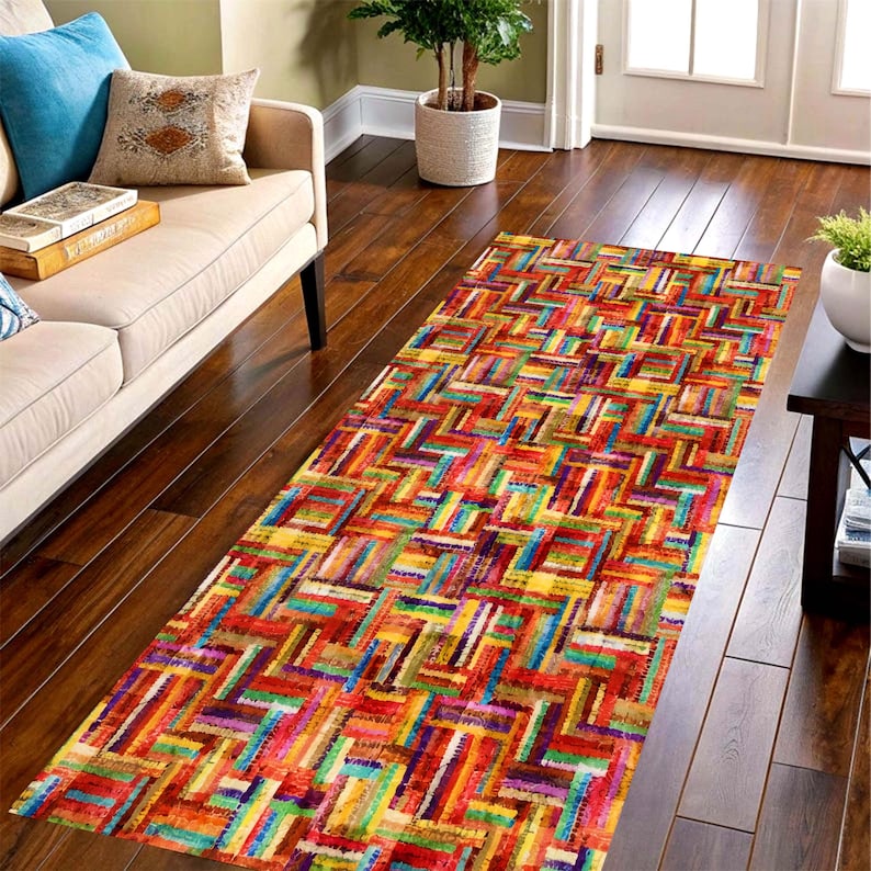 Colorful Boho Patchwork Runner Rug: Geometric Rainbow Hallway Carpet, Machine-Washable Non-Slip