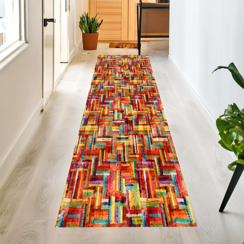 Colorful Boho Patchwork Runner Rug: Geometric Rainbow Hallway Carpet, Machine-Washable Non-Slip