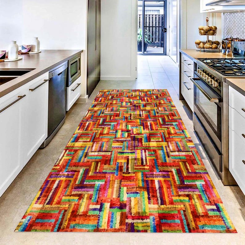 Colorful Boho Patchwork Runner Rug: Geometric Rainbow Hallway Carpet, Machine-Washable Non-Slip