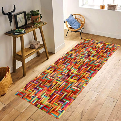 Colorful Boho Patchwork Runner Rug: Geometric Rainbow Hallway Carpet, Machine-Washable Non-Slip