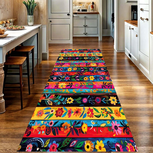 Colorful Folk Floral Stripe Runner Rug: Boho Mexican Style Print Carpet, Non-Slip Machine-Washable