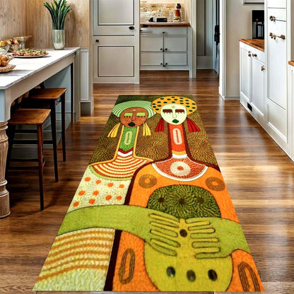Abstract Tribal Figures Folk Art Printed Runner Rug: Colorful Modern Boho Carpet, Machine-Washable Non-Slip