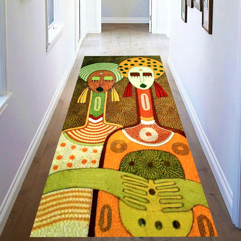Abstract Tribal Figures Folk Art Printed Runner Rug: Colorful Modern Boho Carpet, Machine-Washable Non-Slip