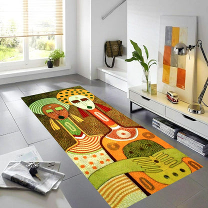 Abstract Tribal Figures Folk Art Printed Runner Rug: Colorful Modern Boho Carpet, Machine-Washable Non-Slip
