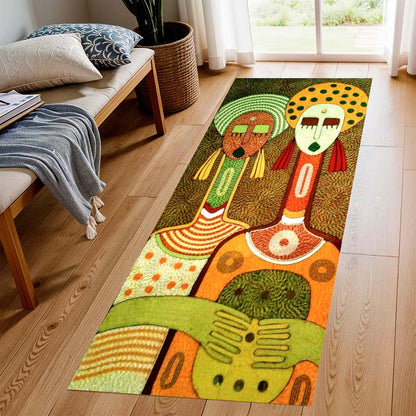 Abstract Tribal Figures Folk Art Printed Runner Rug: Colorful Modern Boho Carpet, Machine-Washable Non-Slip