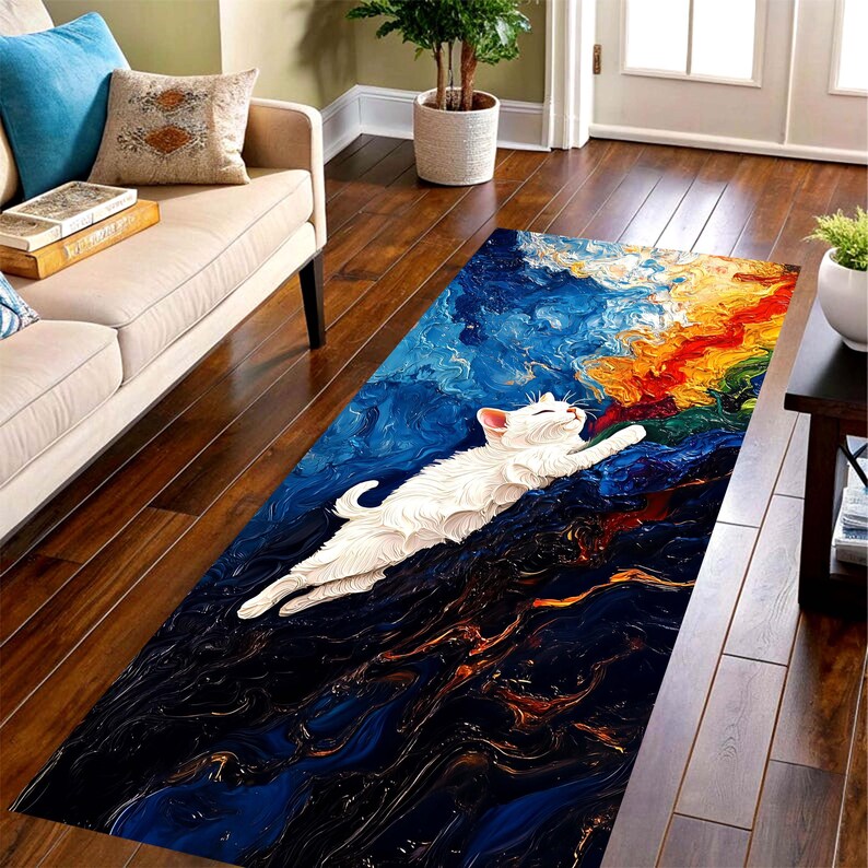 White Cat Abstract Runner Rug: Oil Painting Art Carpet, Machine-Washable Non-Slip