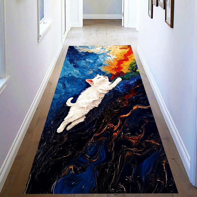 White Cat Abstract Runner Rug: Oil Painting Art Carpet, Machine-Washable Non-Slip
