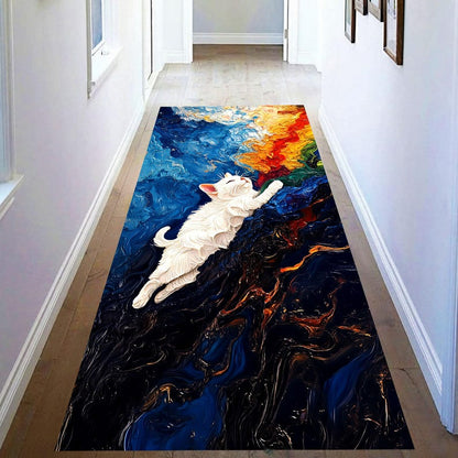 White Cat Abstract Runner Rug: Oil Painting Art Carpet, Machine-Washable Non-Slip