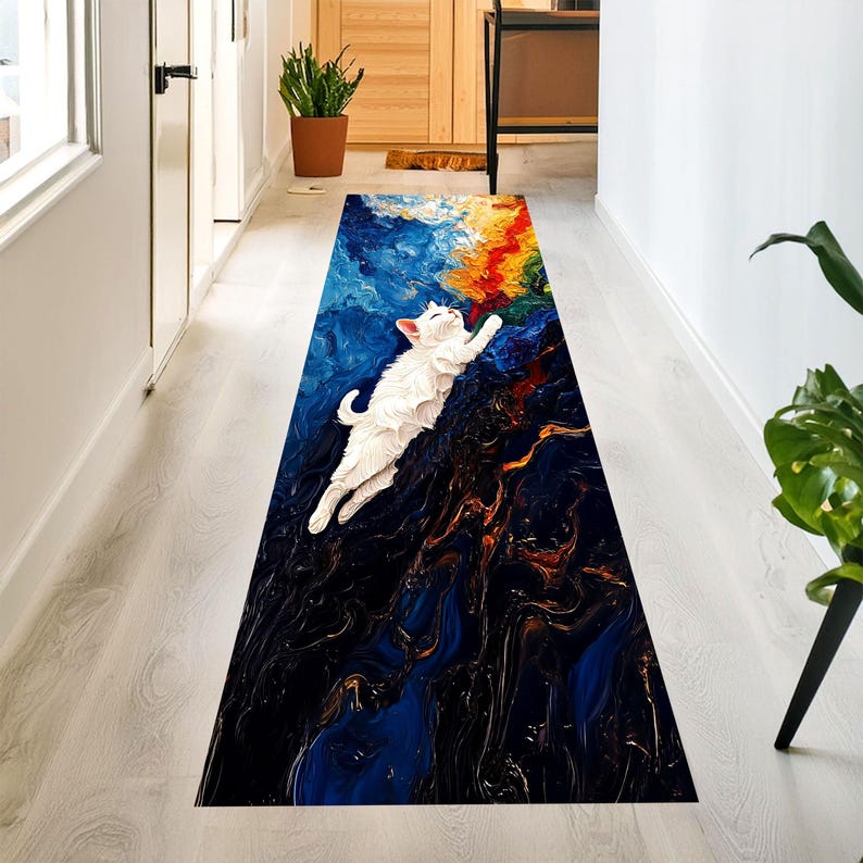 White Cat Abstract Runner Rug: Oil Painting Art Carpet, Machine-Washable Non-Slip