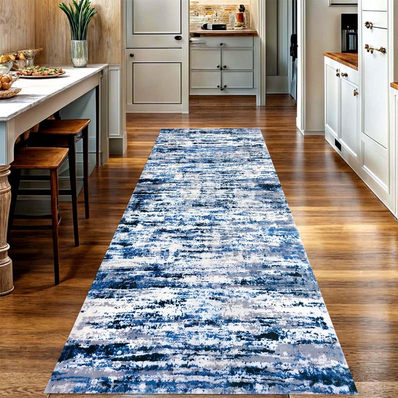Blue Abstract Runner Rug: Ocean Frost Pattern Carpet, Non-Slip Machine-Washable
