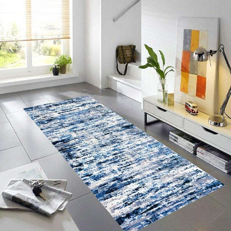 Blue Abstract Runner Rug: Ocean Frost Pattern Carpet, Non-Slip Machine-Washable