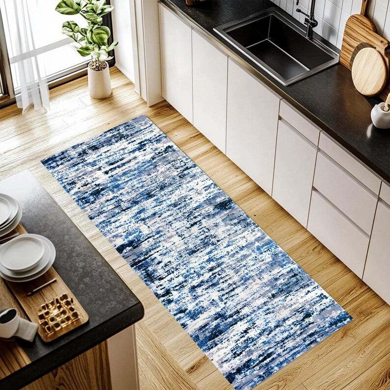Blue Abstract Runner Rug: Ocean Frost Pattern Carpet, Non-Slip Machine-Washable