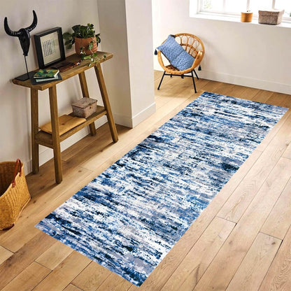 Blue Abstract Runner Rug: Ocean Frost Pattern Carpet, Non-Slip Machine-Washable