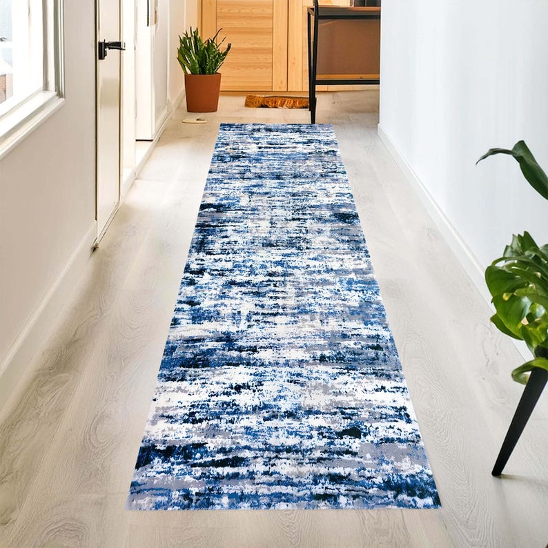 Blue Abstract Runner Rug: Ocean Frost Pattern Carpet, Non-Slip Machine-Washable