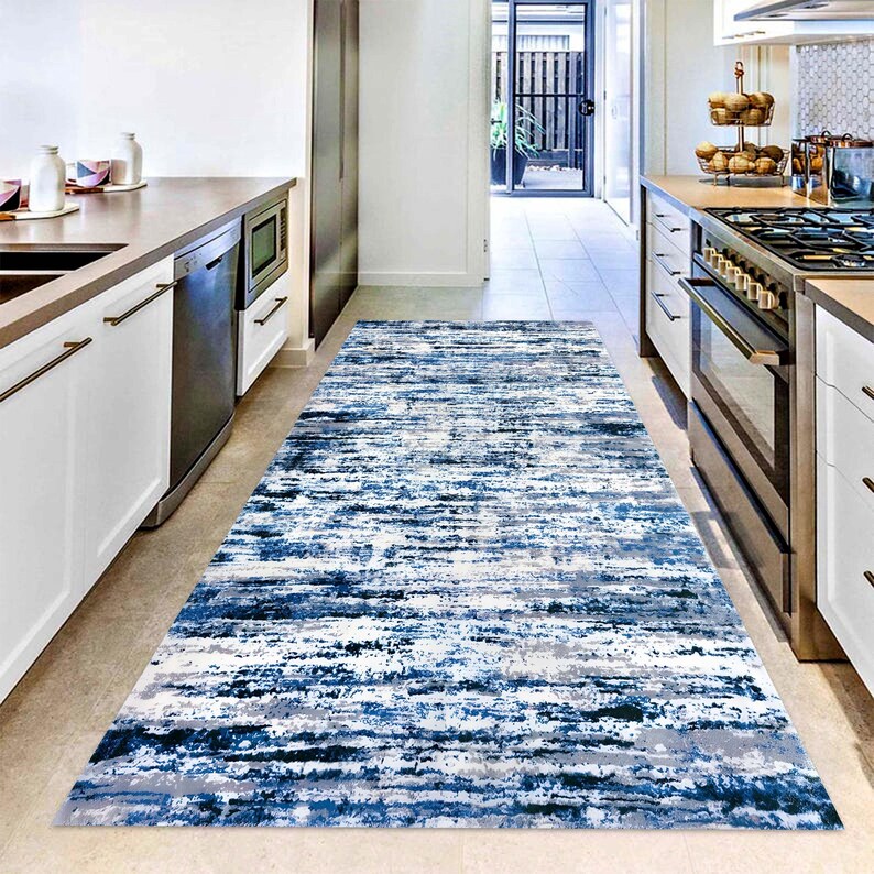 Blue Abstract Runner Rug: Ocean Frost Pattern Carpet, Non-Slip Machine-Washable