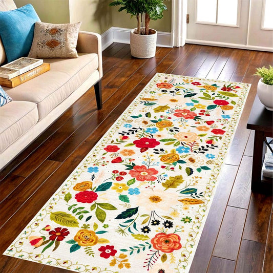 Vintage Floral Runner Rug: Cream Folk Garden Floor Decor Non-Slip Machine-Washable