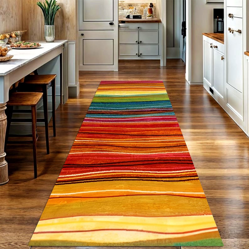 Sunset Stripe Runner Rug: Warm Boho Colors, Machine-Washable Non-Slip