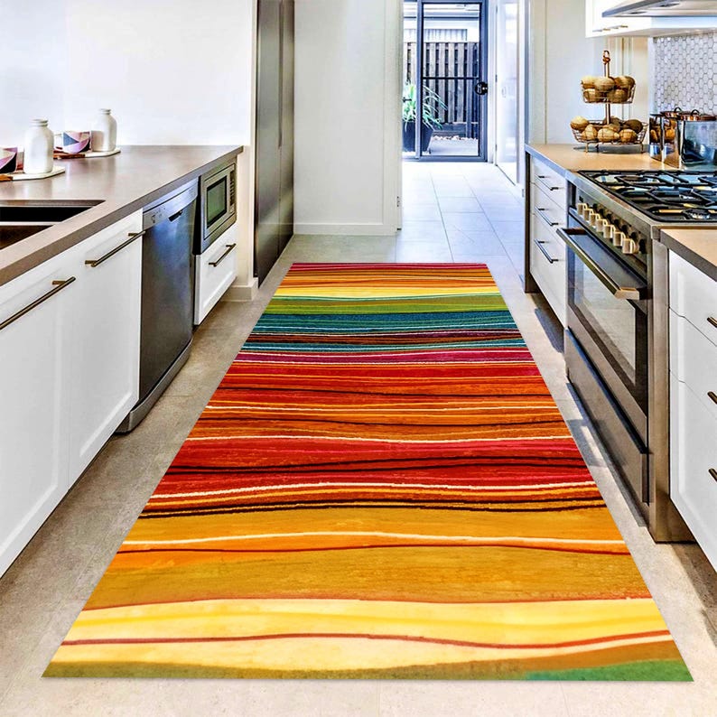 Sunset Stripe Runner Rug: Warm Boho Colors, Machine-Washable Non-Slip