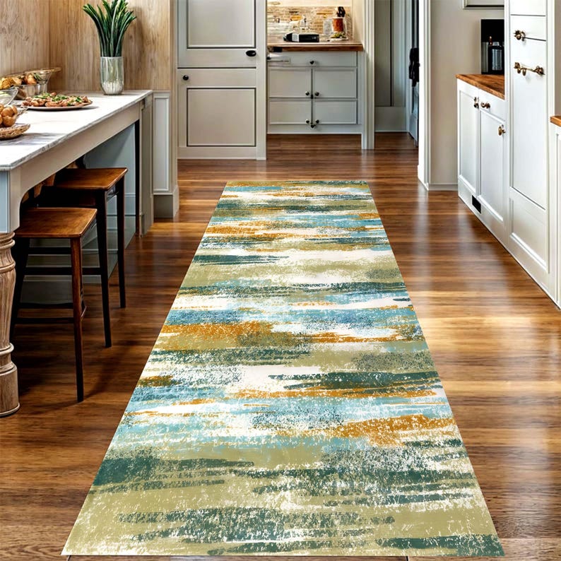 Teal Mustard Abstract Runner Rug: Modern Brushstroke Area Carpet, Non-Slip Machine-Washable