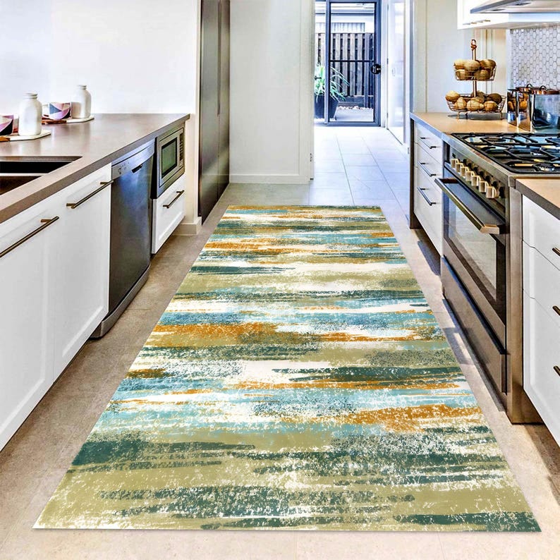 Teal Mustard Abstract Runner Rug: Modern Brushstroke Area Carpet, Non-Slip Machine-Washable