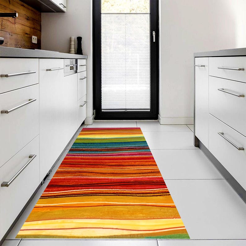 Sunset Stripe Runner Rug: Warm Boho Colors, Machine-Washable Non-Slip