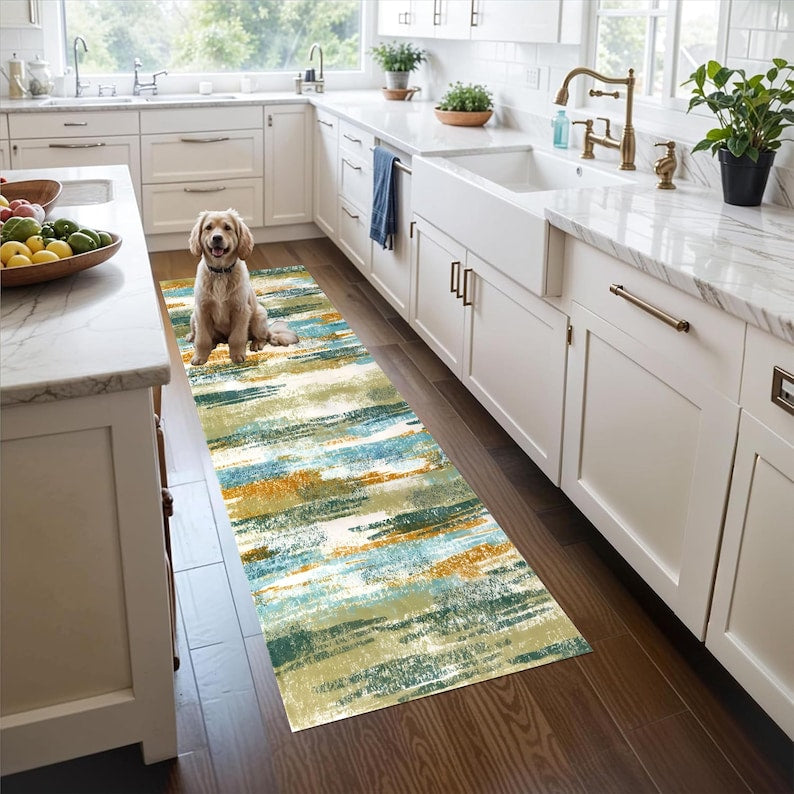 Teal Mustard Abstract Runner Rug: Modern Brushstroke Area Carpet, Non-Slip Machine-Washable
